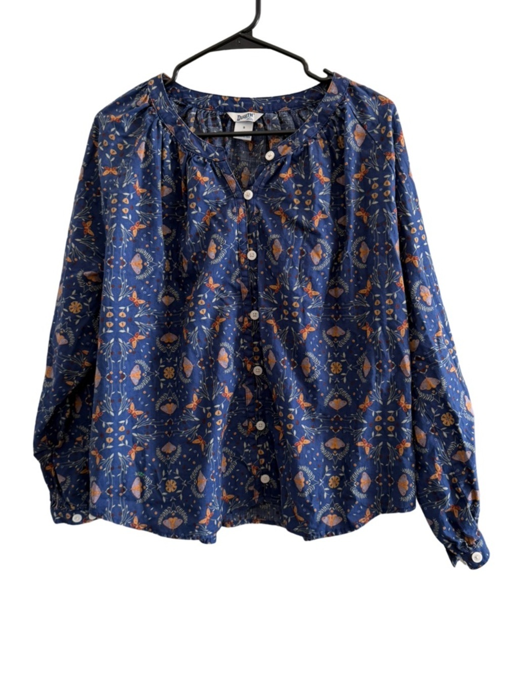 DULUTH Blue Floral Boho Peasant Top Long Sleeve Size Medium